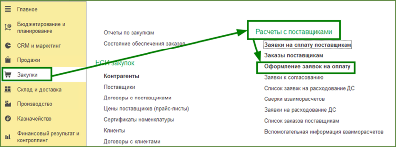 Файл:Раздел Закупки – Расчеты с поставщиками – Оформление заявок на оплату .png